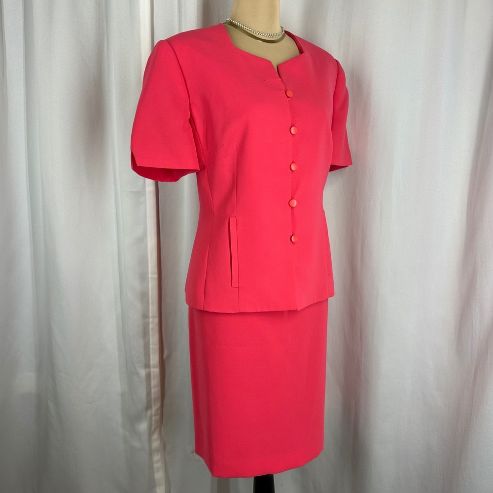 Emily Pink Skirt Suit Set Size 12 Short Sleeve Button Front Career READ